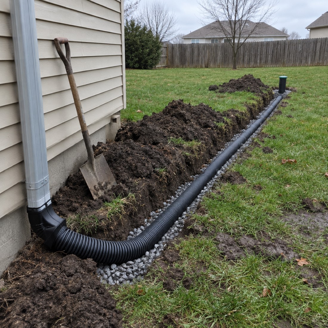 Illustration: a downspout connected to black corrugated drain pipe buried in a gravel trench, running to a pop-up emitter in the yard